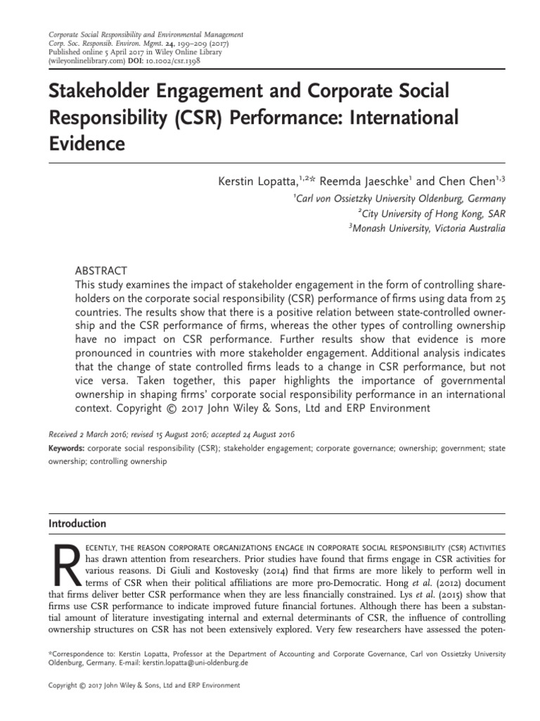 Stakeholder Engagement and Corporate Social Responsibility (CSR ...