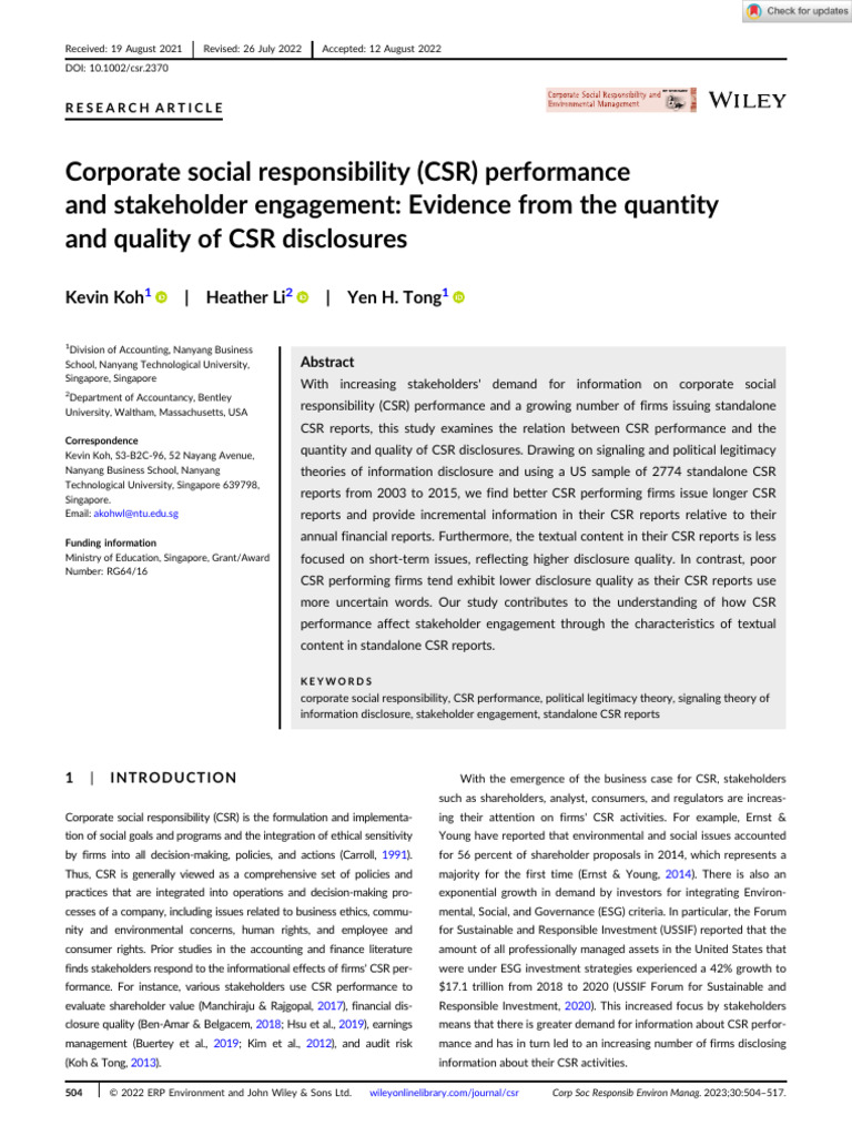 CSR Performance and Disclosure Quality | PDF | Corporate Social ...