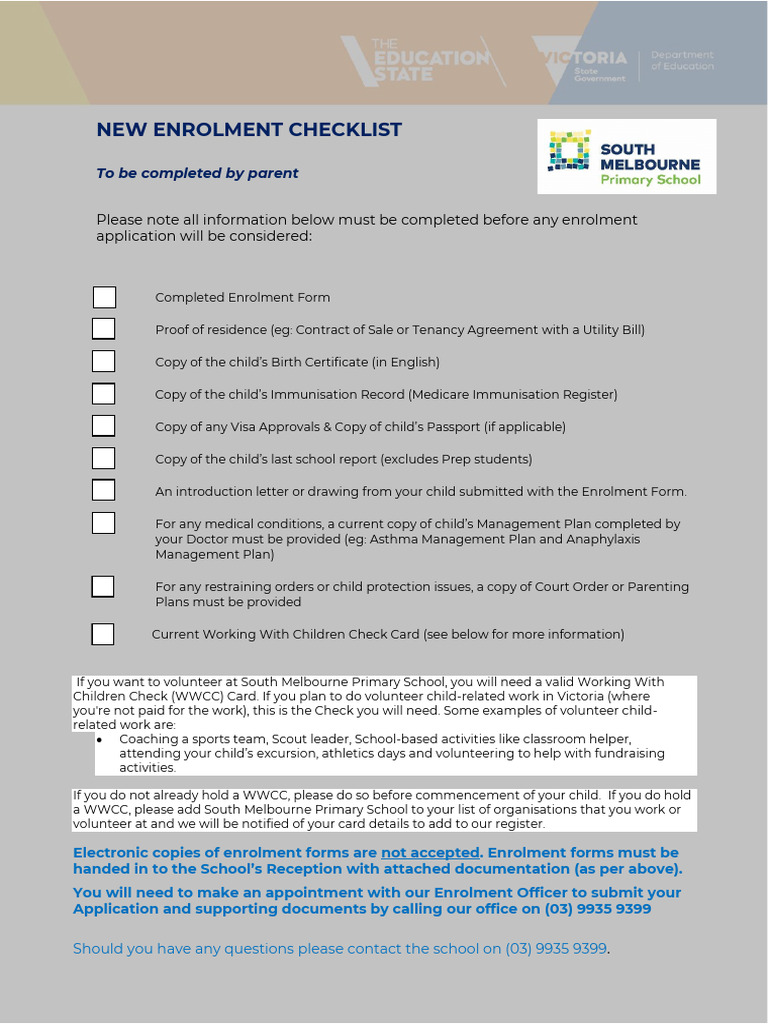 Student Enrolment Form South Melbourne Primary School 2025 | PDF ...