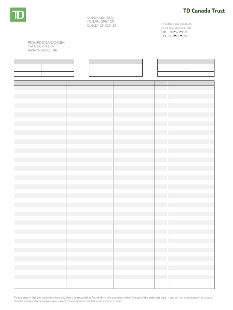 TD Bank Statement: Kanata Account Fees | PDF | Overdraft | Fee