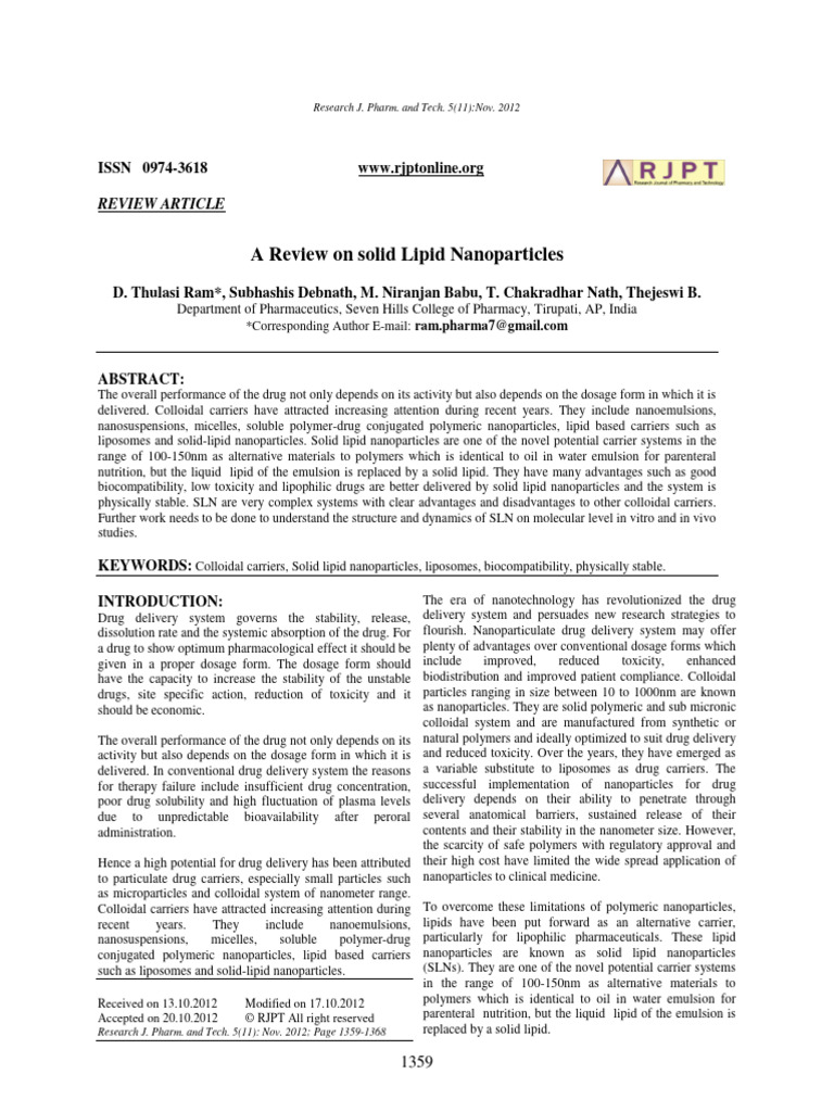 Solid Lipid Nanoparticles in Drug Delivery | PDF | Emulsion | Nanoparticle