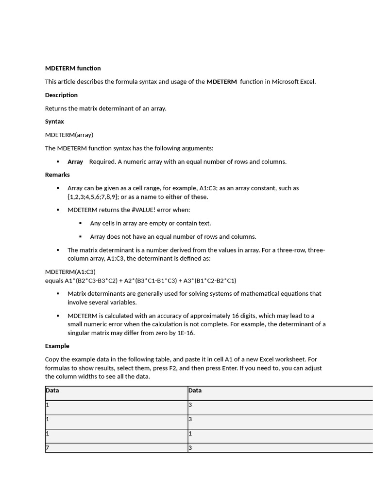 MDETERM Function in Excel Explained | PDF