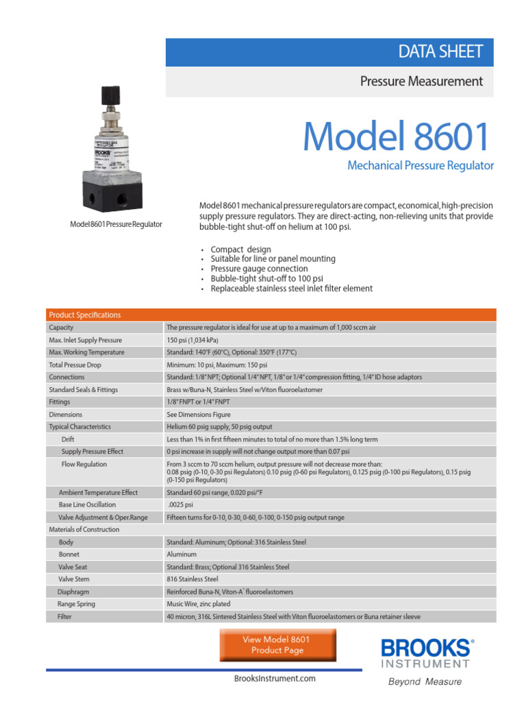 Model 8601 Pressure Regulator Datasheet | PDF | Pressure | Valve