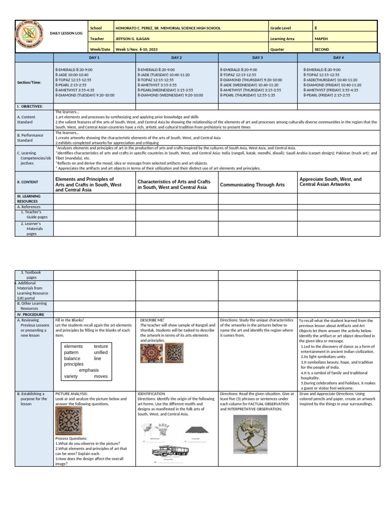8th Grade MAPEH Lesson Plan: Arts of Asia | PDF | Beauty | Cognition