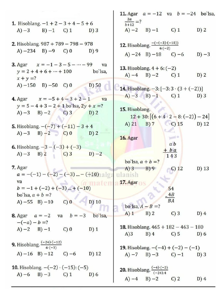 Math Mavzu 30 Talik Test | PDF