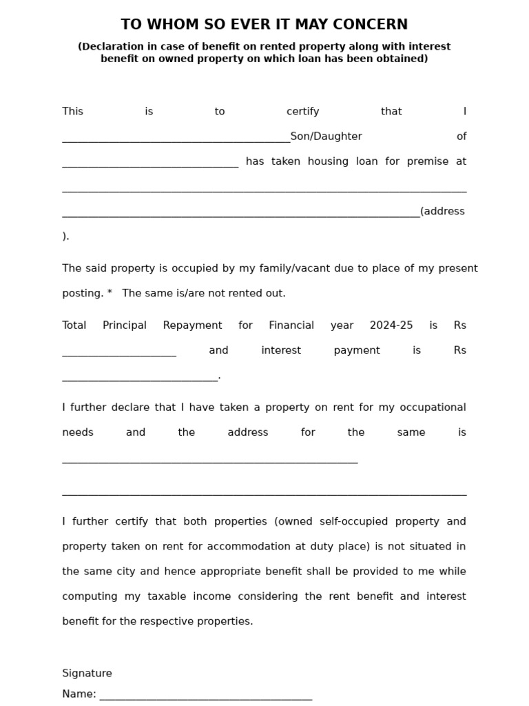 Housing Loan and Rent Declaration Form | PDF