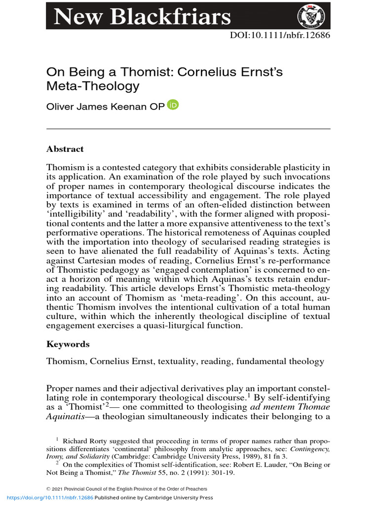 On Being A Thomist Cornelius Ernsts Meta Theology | PDF | Thomism ...