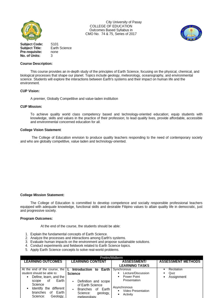 Syllabus earth science for use in teaching 2nd sem sy24 25 pdf