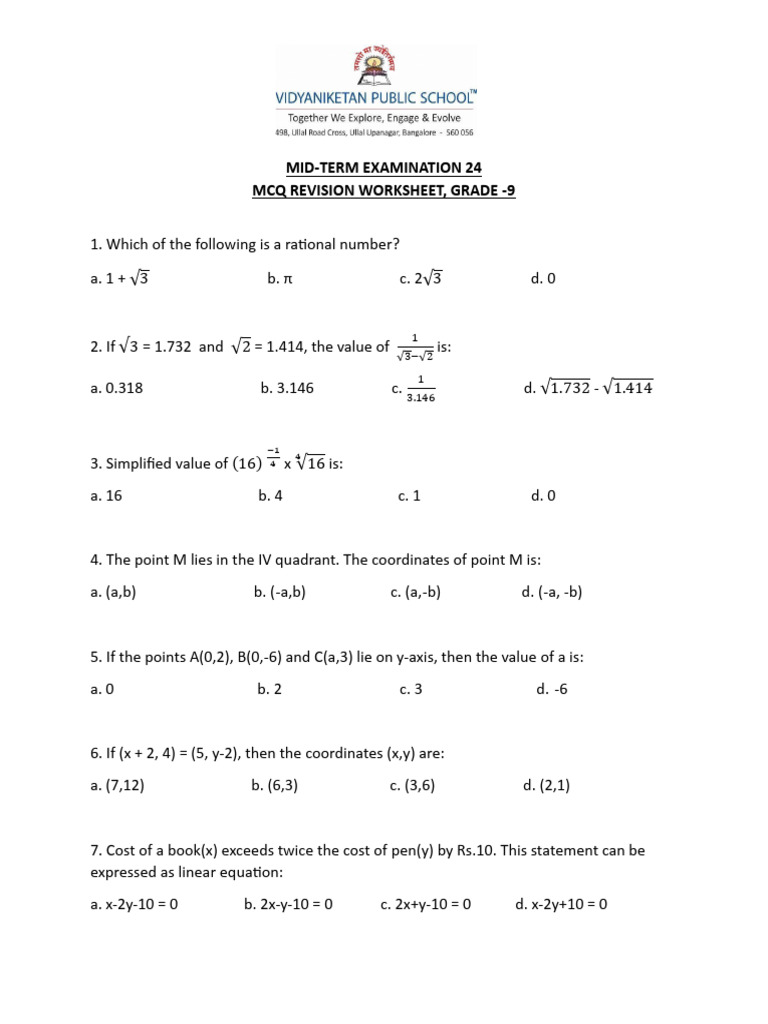 Class9-Math-Midtermrevision 60097 | PDF | Line (Geometry) | Cartesian ...