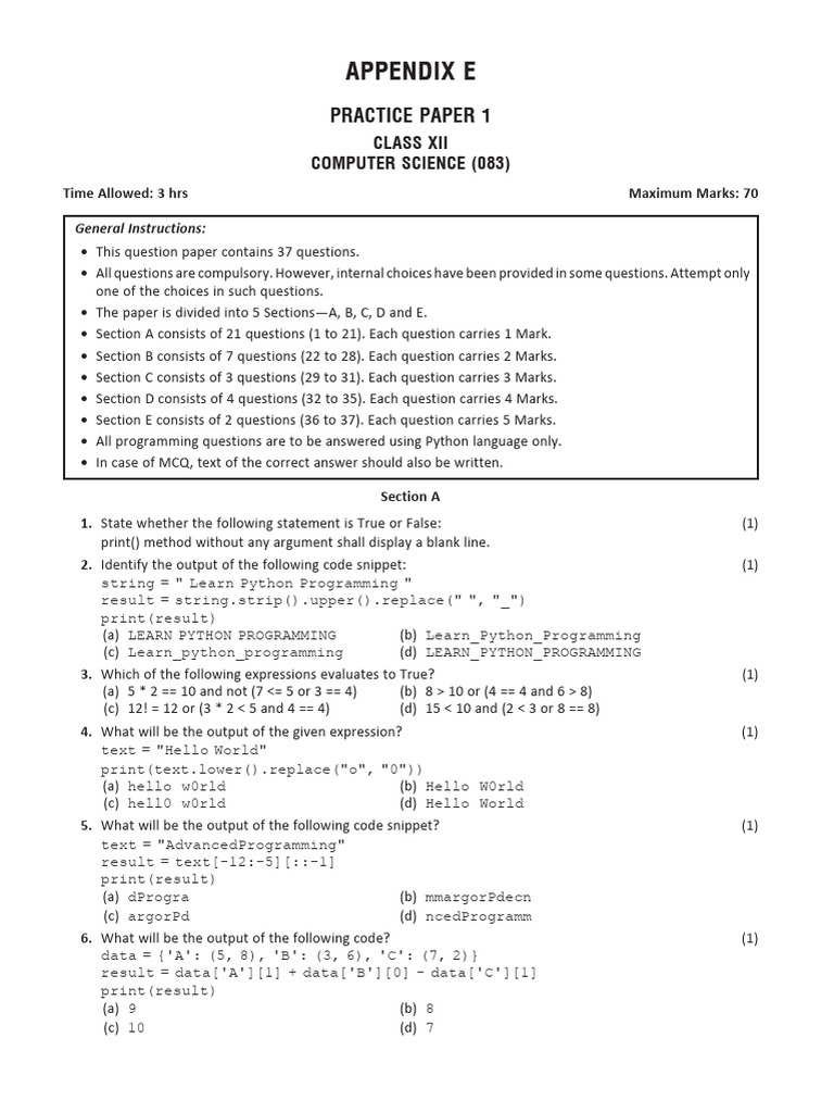 Class XII Computer Science Practice Paper | PDF | Computer Network ...