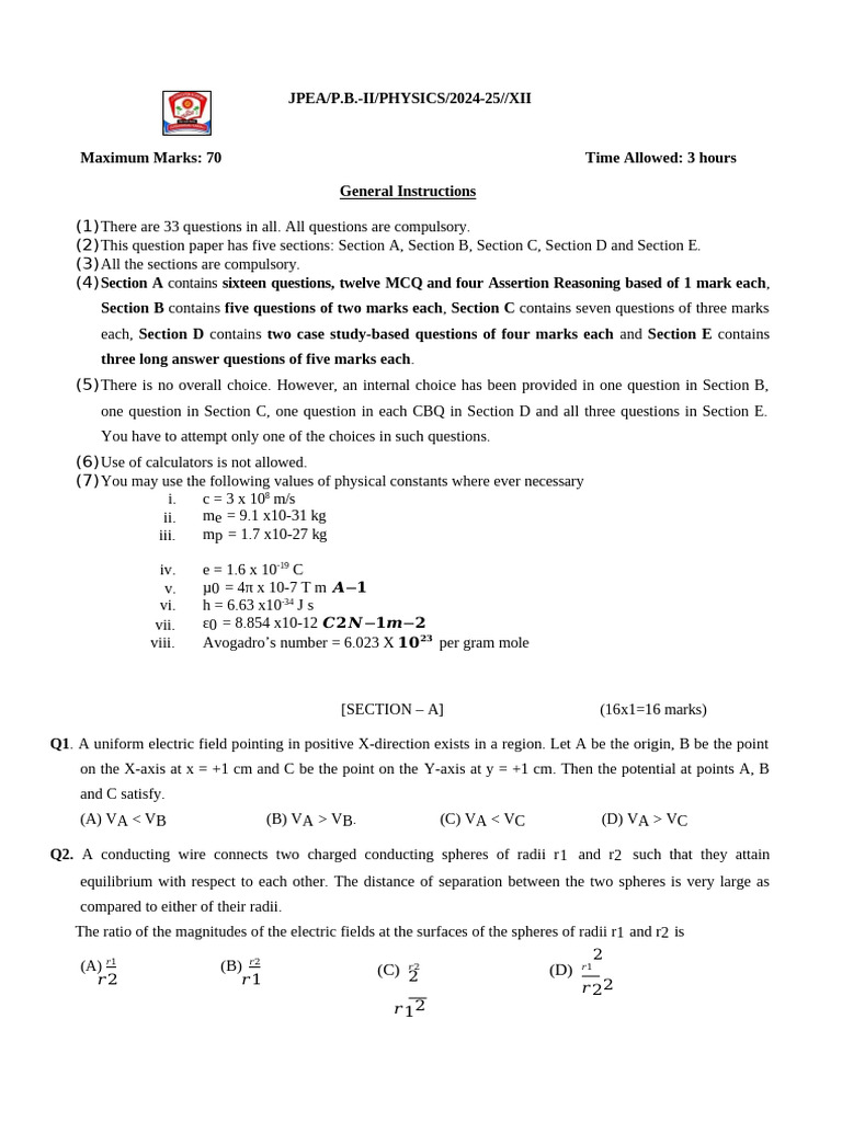 Class XII Physics Question Paper 2024-25 | PDF | Atomic Nucleus | Electron