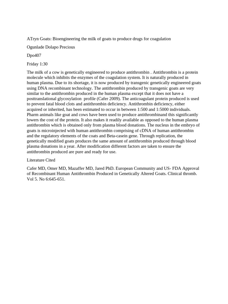 Antithrombin Production in Transgenic Goats | PDF