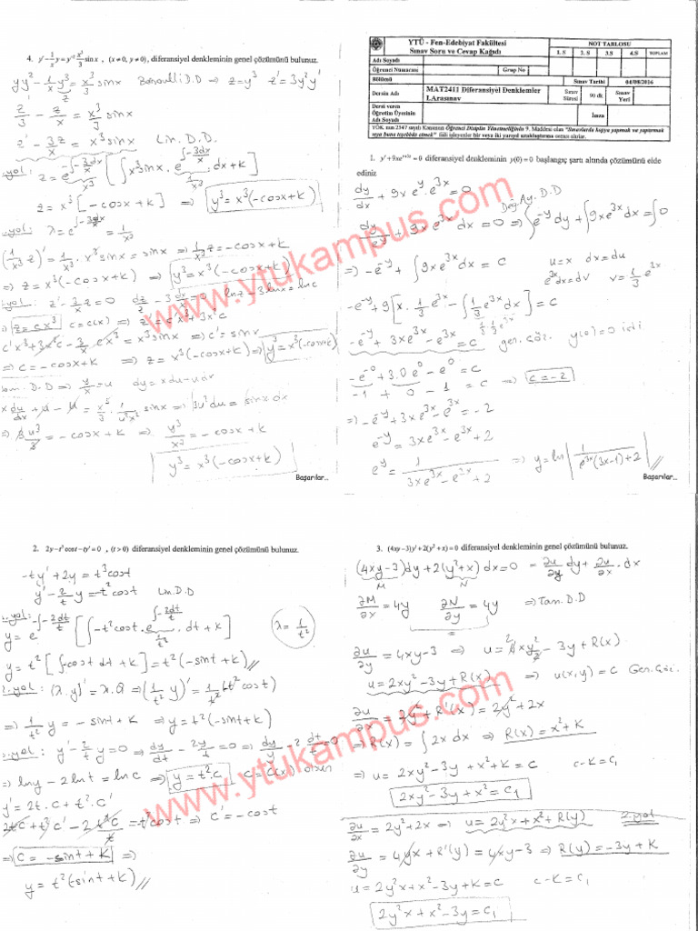 Diferansiyel Denklemler Cikmis Sorular | PDF
