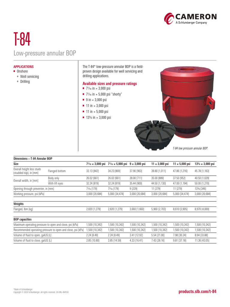 T-84 Low-Pressure Annular BOP Specs | PDF