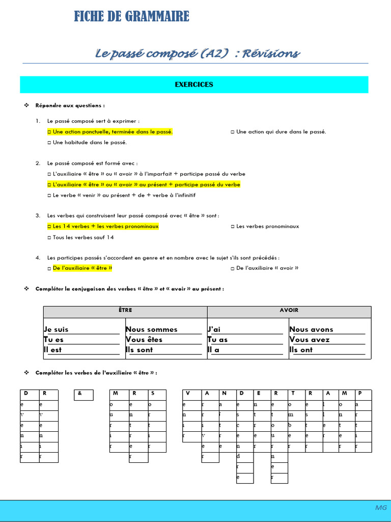 Le passé composé : Guide et exercices | PDF | Verbe | Mécanique du langage