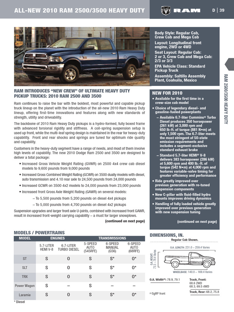 2010 Ram 2500/3500 Specs & Towing Capacity | PDF | Truck | Four Wheel Drive