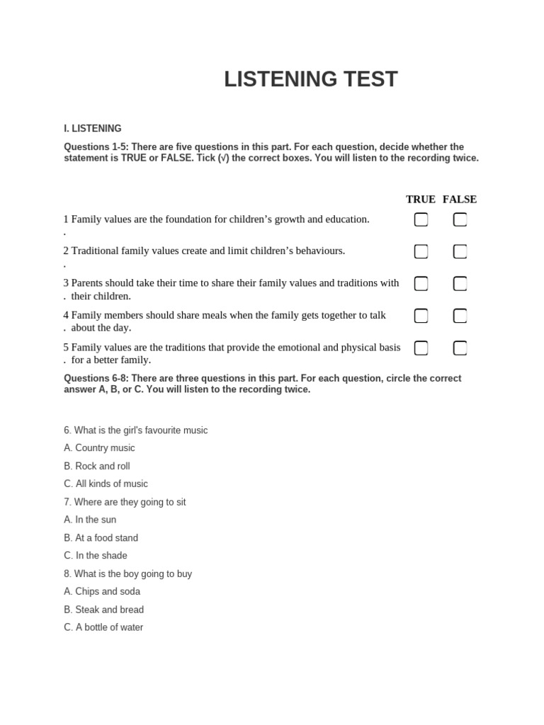 Listening 1ST Mid Term Test - Grade 10 | PDF