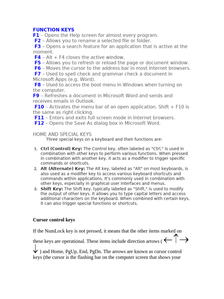 Keyboard Function Keys Explained | PDF | Computer Keyboard | Control Key