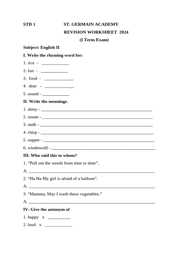 Eng II Revision WS I Term Exam 2024 | PDF