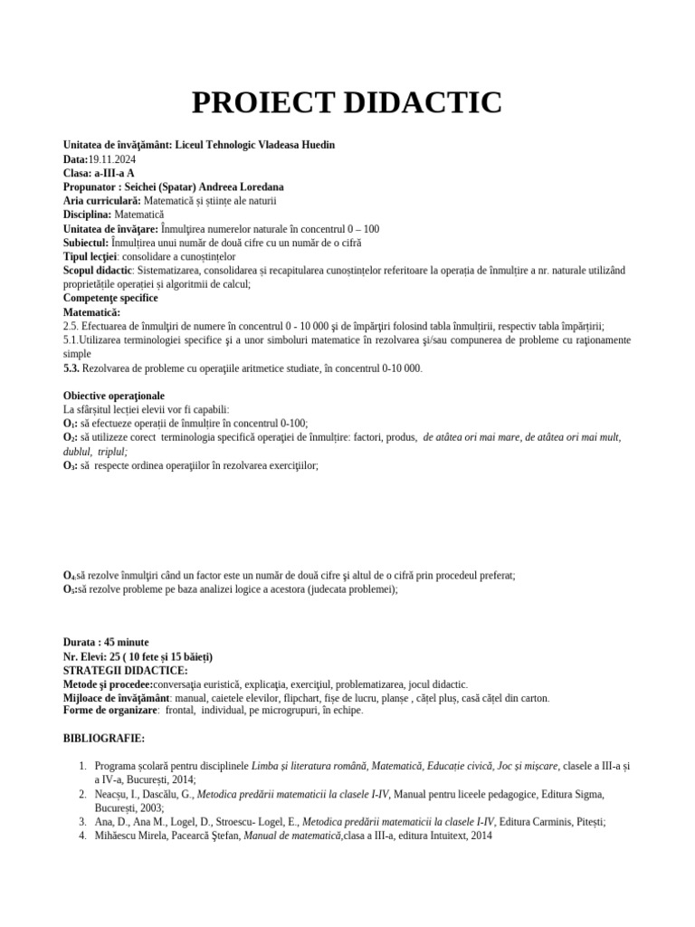 Proiect Didactic Matematica Scoala | PDF