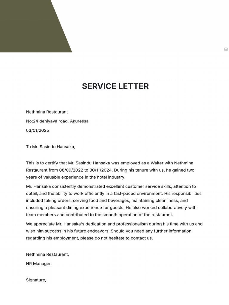 Service Letter Template | PDF