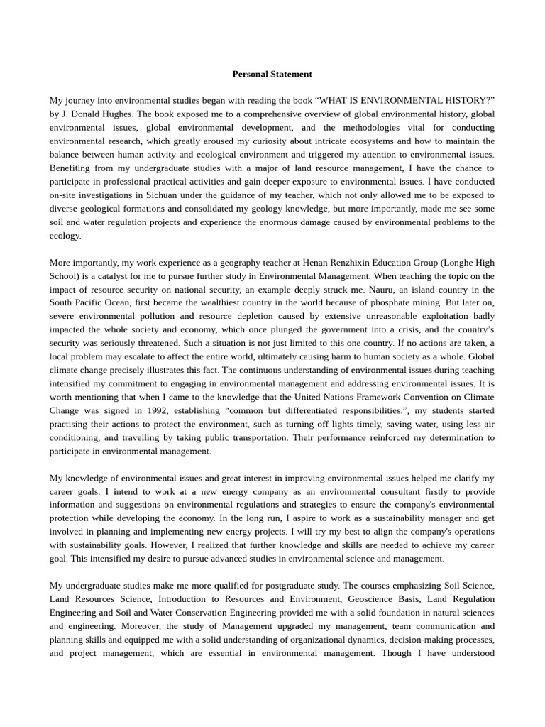 Personal Statement: Environmental Management Journey | PDF ...