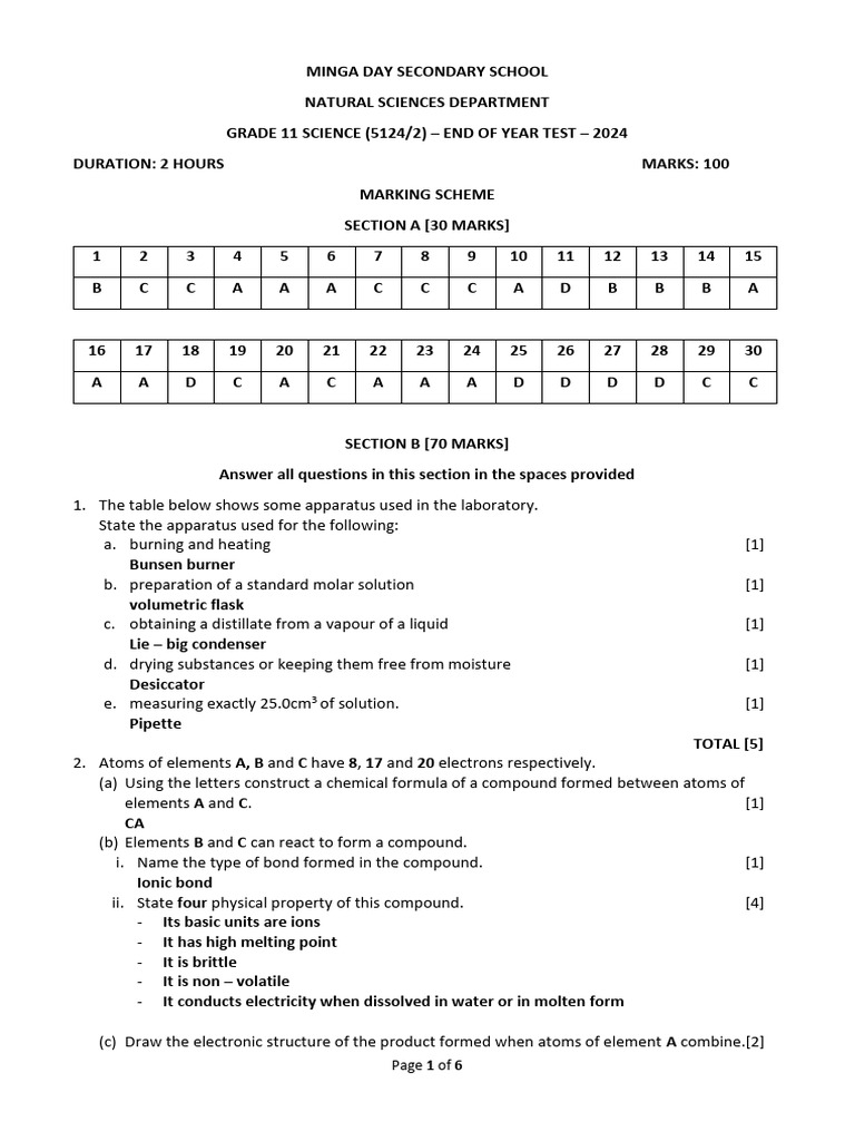 Grade 11 Chemistry End-Year Test 2024 | PDF | Gases | Chemical Compounds