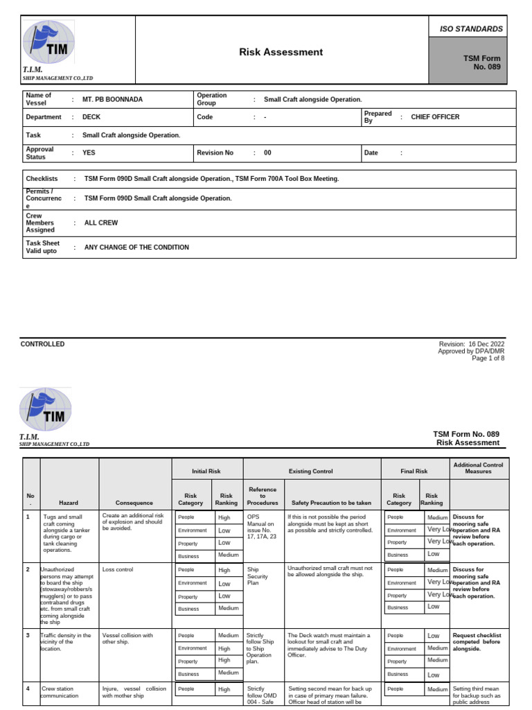 TSM Form 089 - Risk Assessment Small Craft alongside | PDF | Risk ...