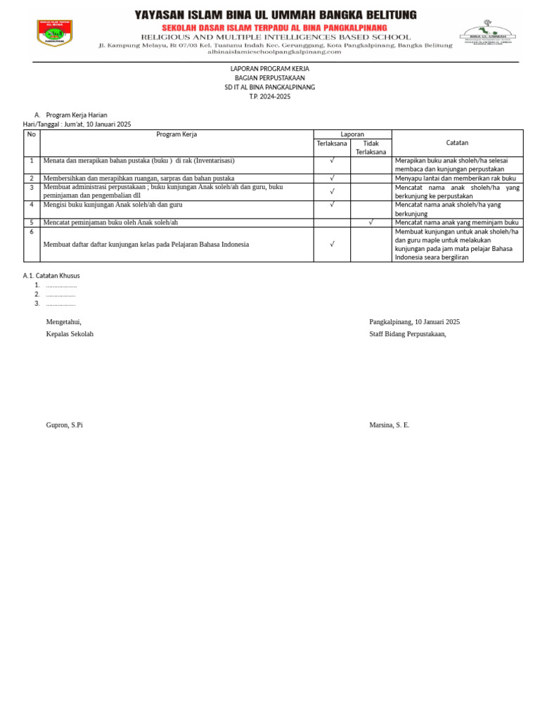 Laporan Program Kerja Perpustakaan SD IT | PDF