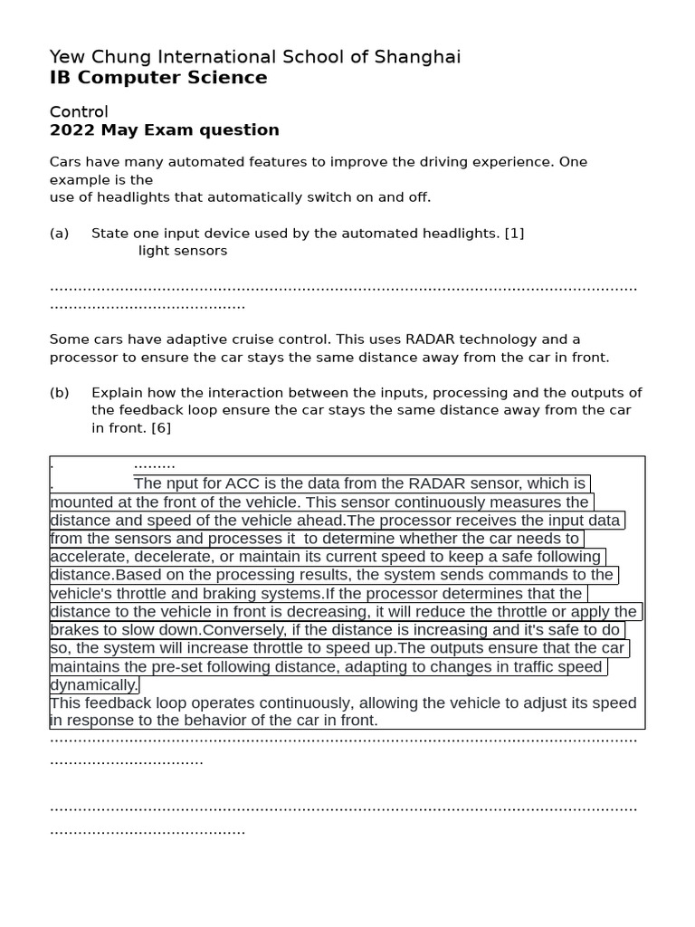 IB Computer Science: Car Automation Exam | PDF