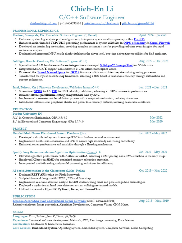 Chieh-En Li's Resume (SW) | PDF | Computer Engineering | Computer Science