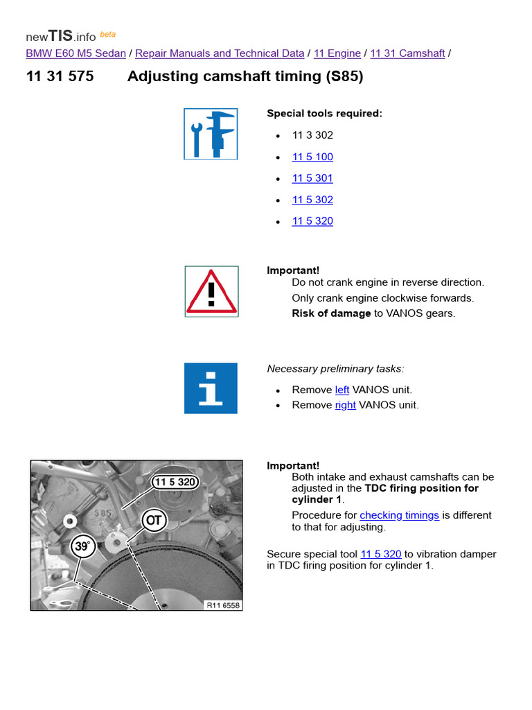 11 31 575 Adjusting Camshaft Timing (S85) | PDF | Screw | Washer (Hardware)