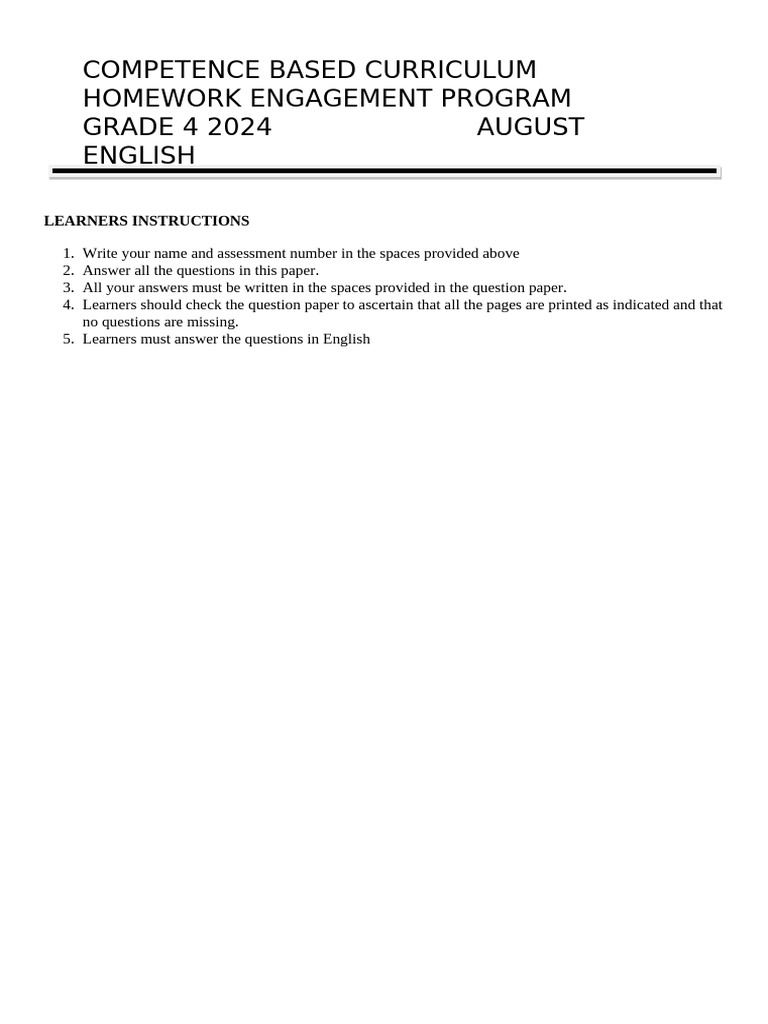 G4 English August Homework Pdf English Language Linguistics