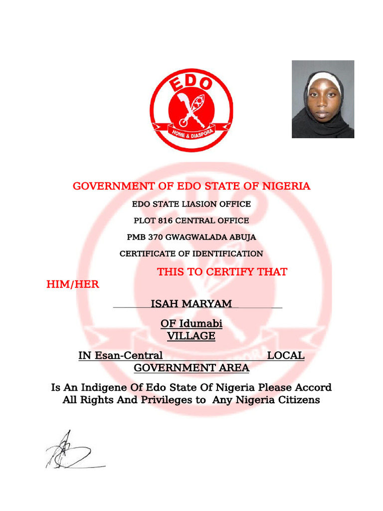 Edo State Certificate of Identification | PDF