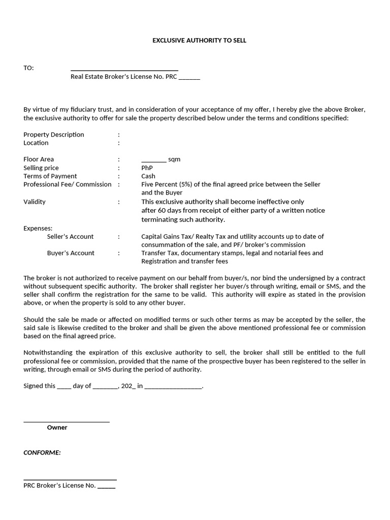 Exclusive authority to sell sample pdf sales private law