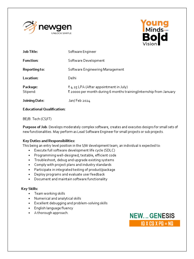 Software Engineer Position in Delhi NCR | PDF