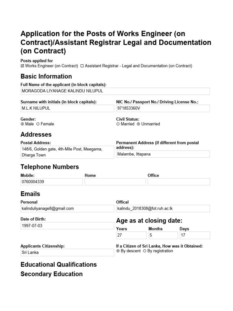 Application for Works Engineer Position | PDF