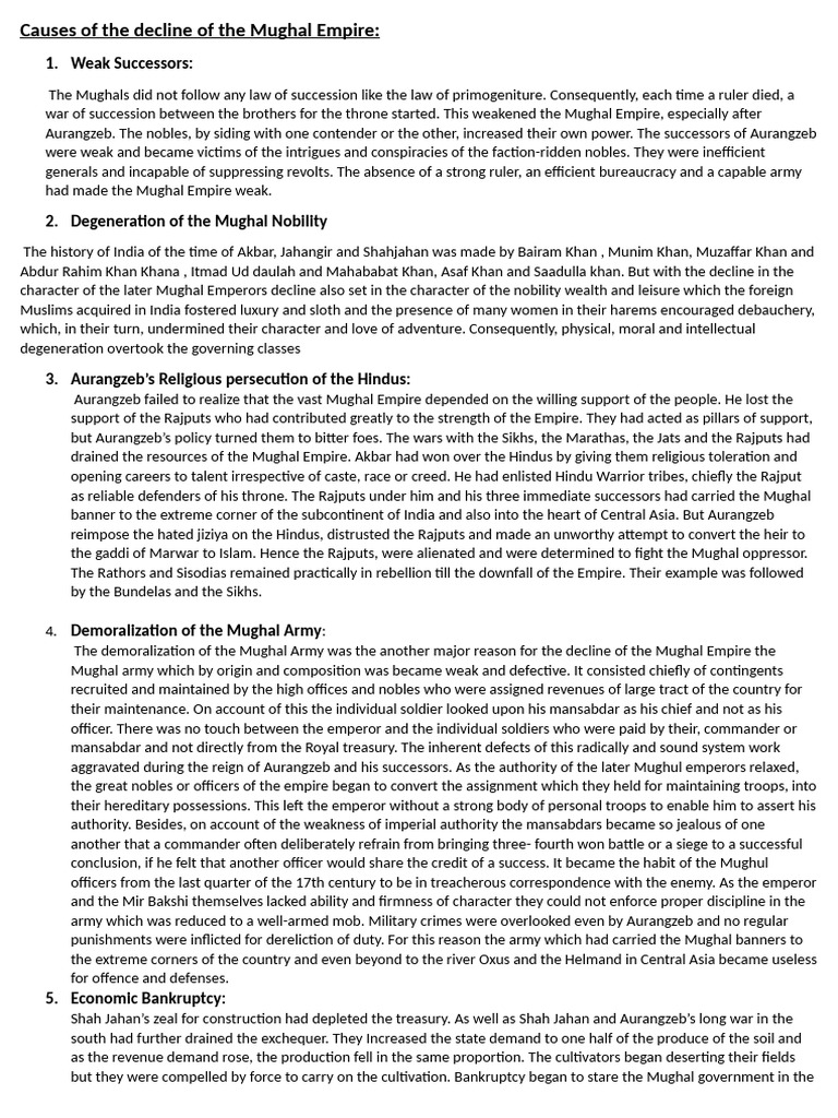 Causes of The Decline of The Mughal Empire | PDF | Mughal Empire