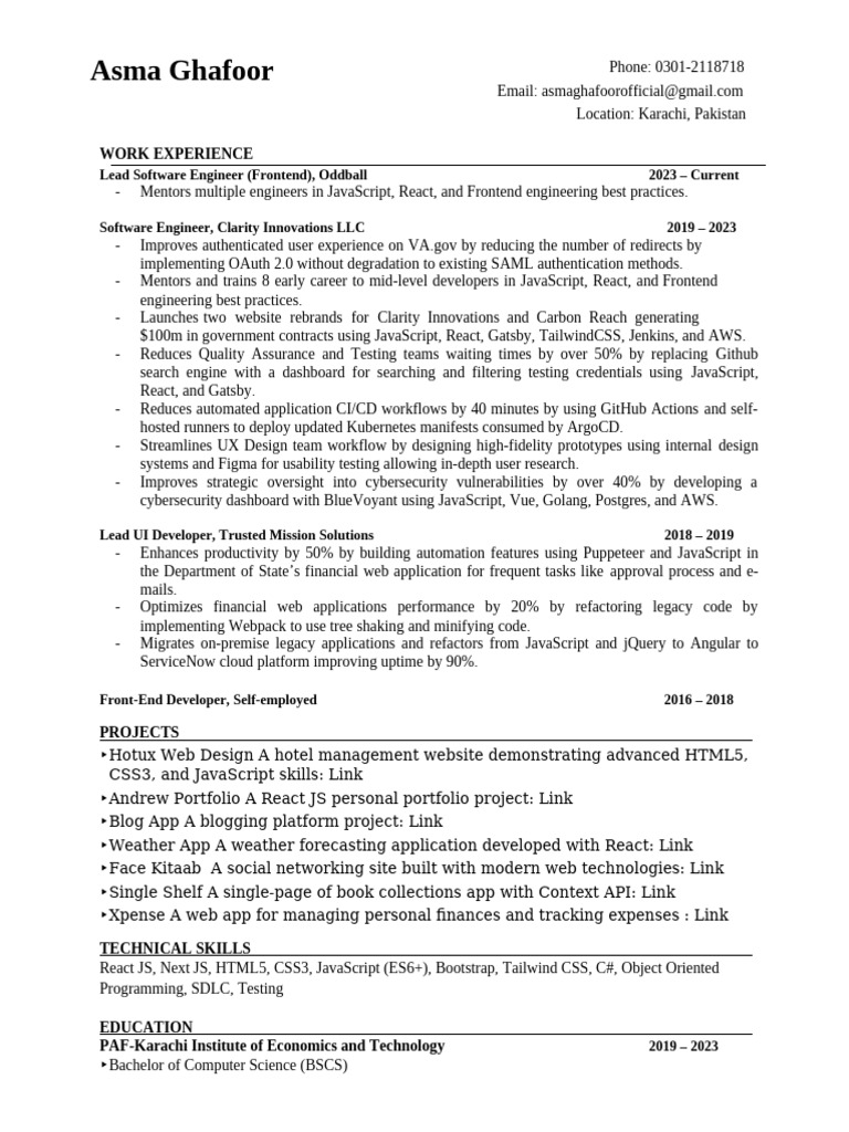 Asma Ghafoor: Lead Software Engineer Profile | PDF | Java Script ...