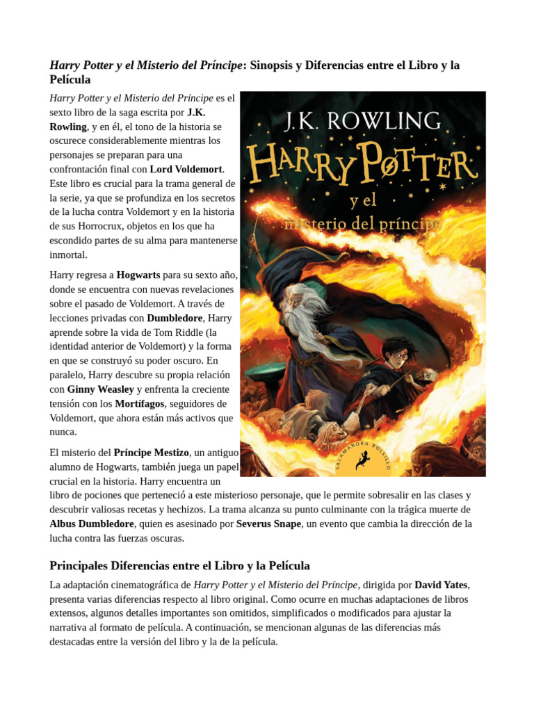 Diferencias entre libro y película de Harry Potter 6 PDF