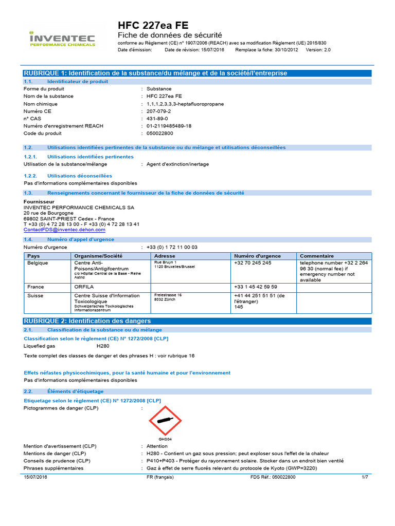 FDS HFC227ea FE | PDF | Substances chimiques | Chimie