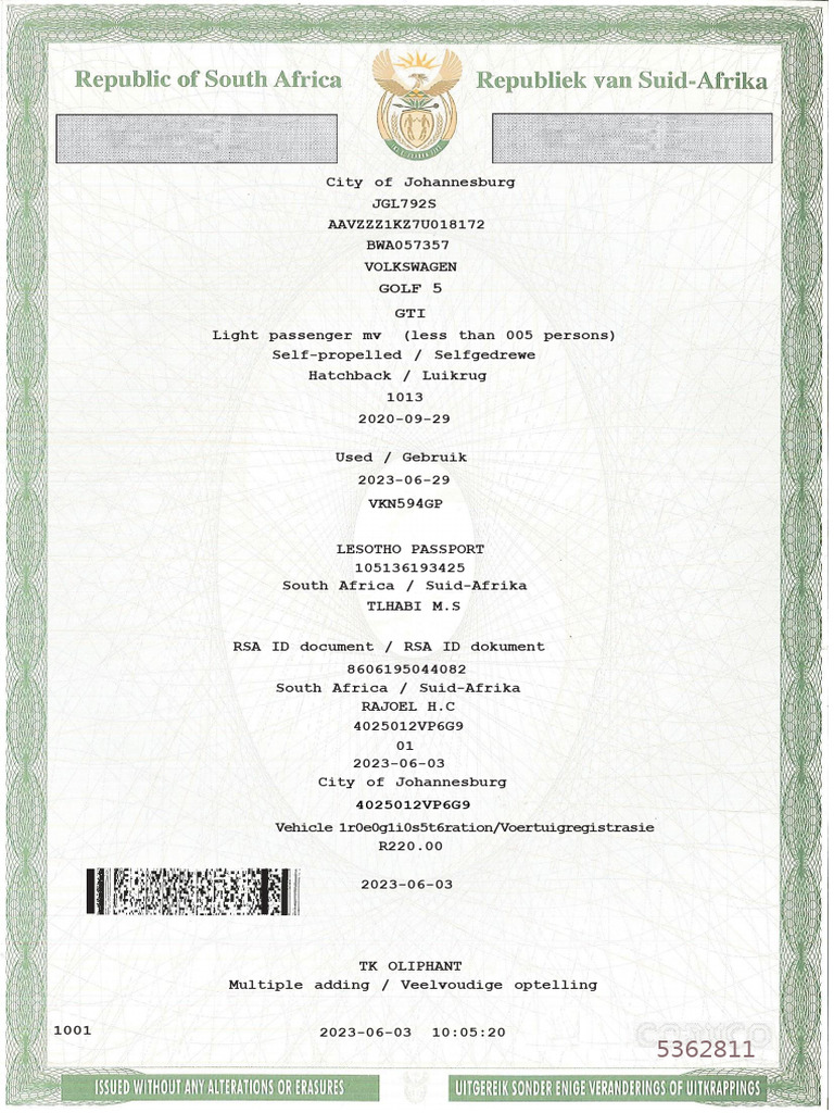 Traffic Registeration For Volkswagen Gti | PDF