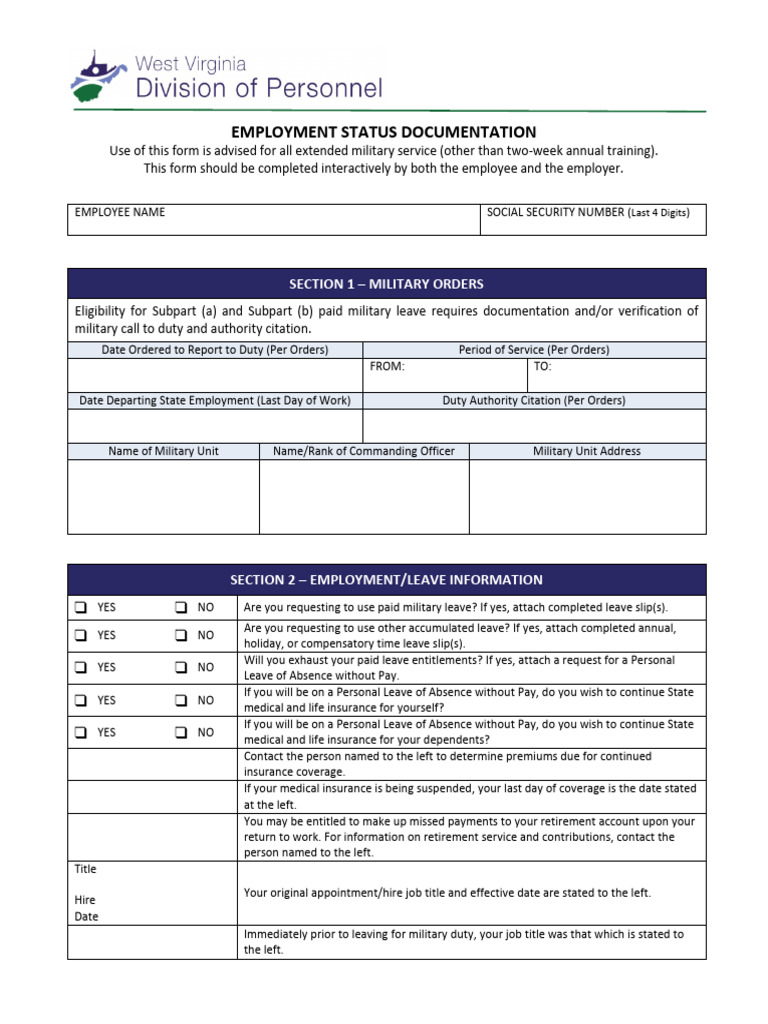 Military Leave of Absence Form | PDF | Employment | Insurance