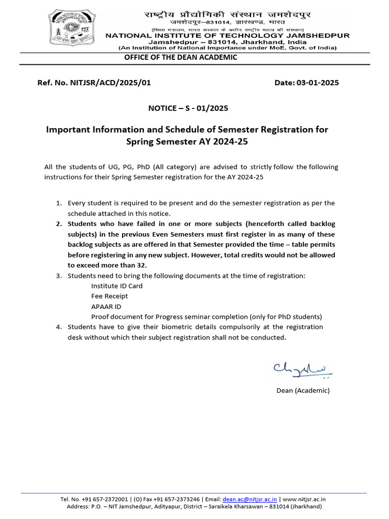 Important information and schedule of semester registration for spring