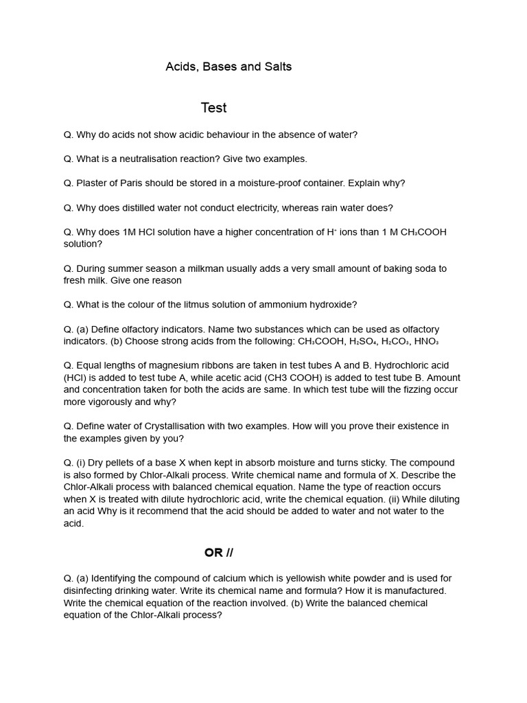 Acids, Bases and Salts Test | PDF | Acid | Sodium Carbonate