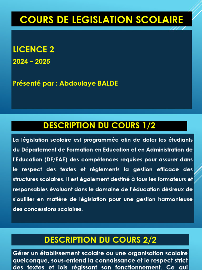 Cours de Législation Scolaire 2024-2025 | PDF | Loi | Constitution