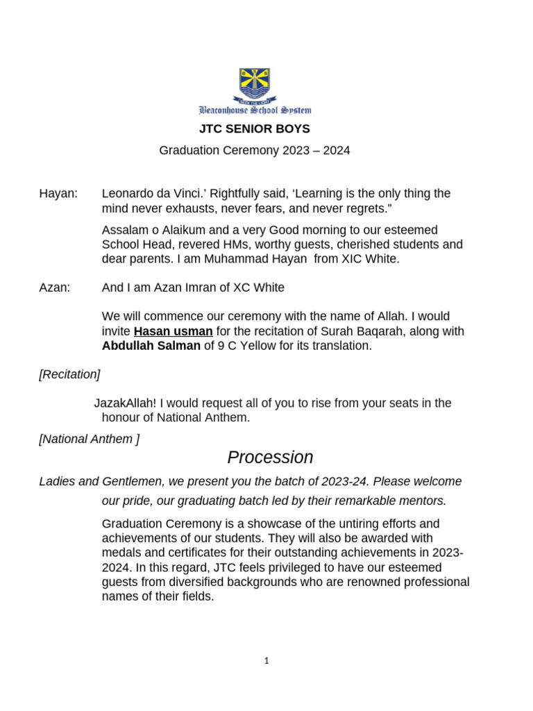 JTC Graduation Ceremony 2023-24 Program | PDF
