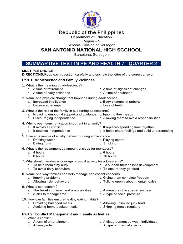 SUMMATIVE TEST PE | PDF | Adolescence | Communication