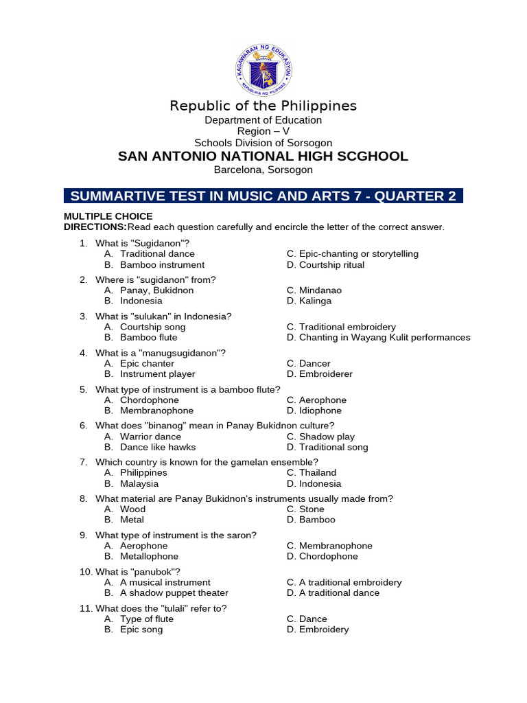 Summative Test | PDF | Musical Instruments | Performing Arts