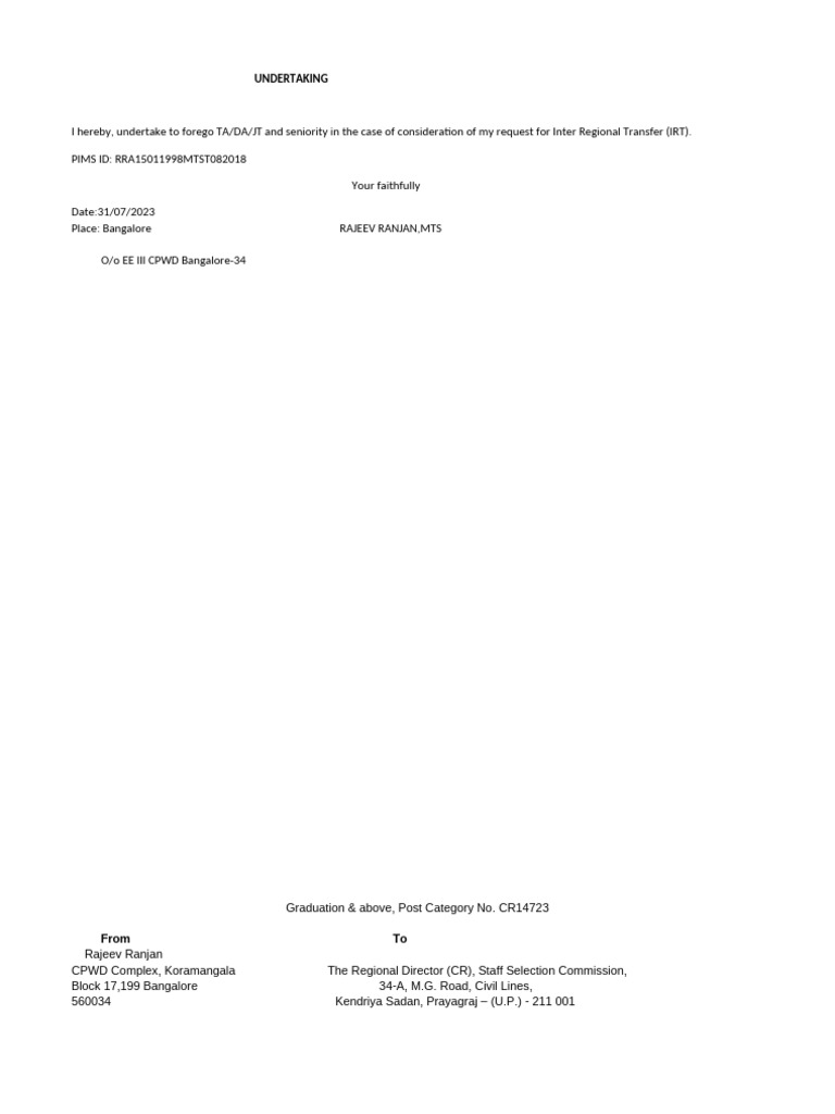 Inter Regional Transfer Undertaking Form | PDF